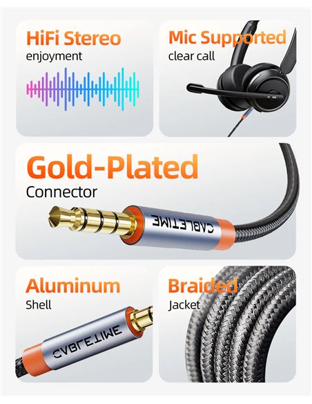 CABLETIME καλώδιο ήχου 3.5mm CT-AM35M, gold plated, 2m, μαύρο