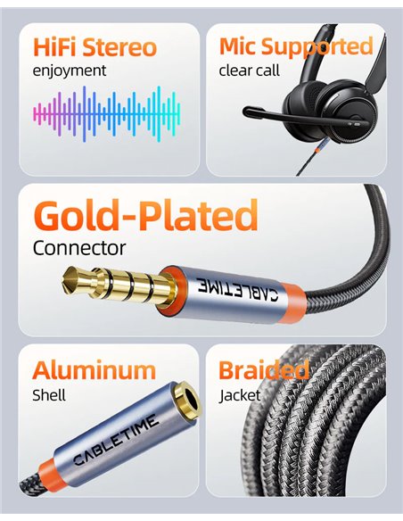 CABLETIME καλώδιο προέκτασης ήχου 3.5mm CT-AE35M, gold plated, 2m, μαύρο