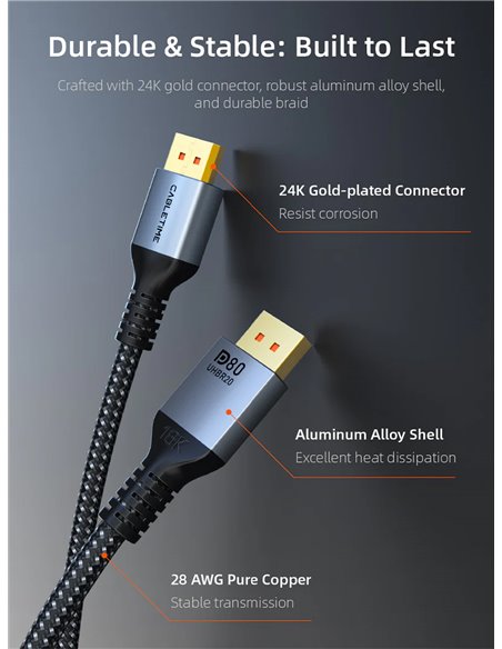 CABLETIME καλώδιο DisplayPort 2.1 CT-DP16K, VESA Certified, 16K/60Hz, 80 Gbps, 2m, μαύρο