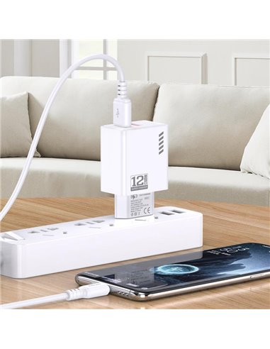 KAKUSIGA φορτιστής τοίχου KSC-1238 με καλώδιο USB-C, 2x USB, 12W, λευκός