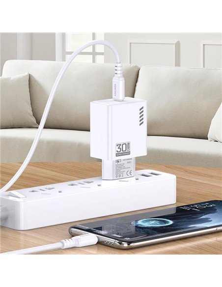 KAKUSIGA φορτιστής τοίχου KSC-1242 με καλώδιο USB-C, USB-C, 30W, λευκός