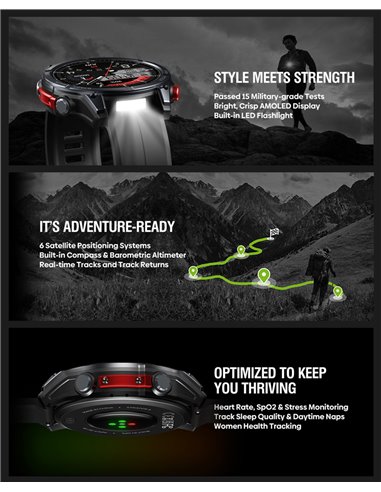 ZEBLAZE smartwatch Stratos 4 με φακό, heart rate, 1.43" AMOLED, GPS, 5 ΑΤΜ, MIL-STD-810H, μαύρο