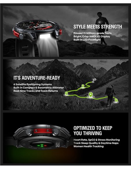 ZEBLAZE smartwatch Stratos 4 με φακό, heart rate, 1.43" AMOLED, GPS, 5 ΑΤΜ, MIL-STD-810H, μαύρο
