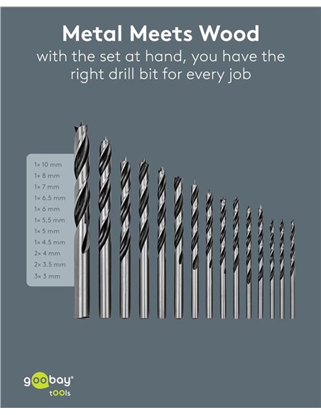 GOOBAY σετ τρυπάνια 77847 για ξύλο, χάλυβας άνθρακα, 3–10mm, κυλινδρικό, 15τμχ