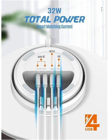 LDNIO σταθμός φόρτισης AW003, USB-C/3x USB/wireless, 32W, PD/QC, λευκός