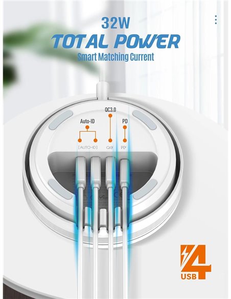 LDNIO σταθμός φόρτισης AW003, USB-C/3x USB/wireless, 32W, PD/QC, λευκός