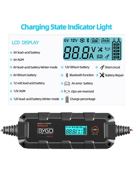 BYGD φορτιστής & συντηρητής μπαταρίας αυτοκινήτου F6000 με οθόνη, 6-12V/6A