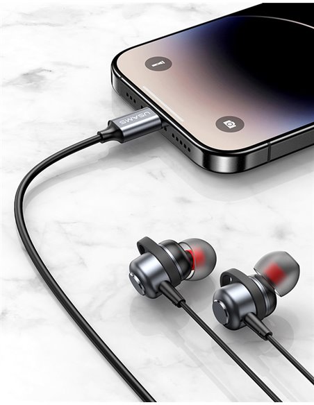 USAMS earphones με μικρόφωνο US-SJ758, USB-C σύνδεση, μεταλλικά, 1.2m, γκρι