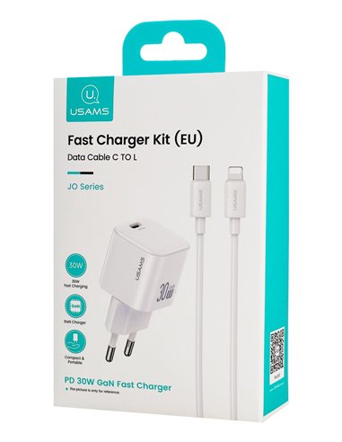 USAMS φορτιστής τοίχου CC262 με καλώδιο Lightning, 30W, GaN, λευκός