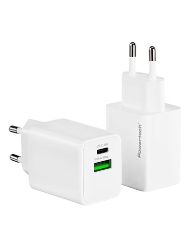 POWERTECH φορτιστής τοίχου PT-1551, USB/USB-C, 45W, GaN, AVS, λευκός
