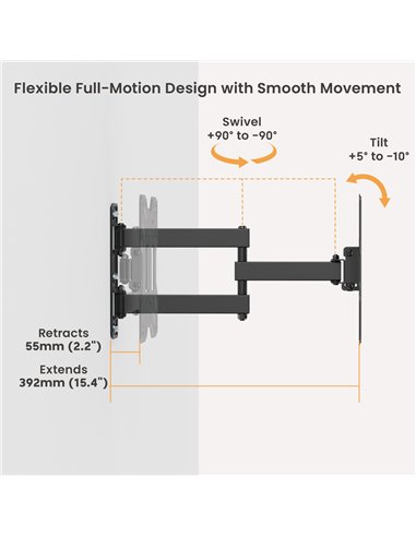 POWERTECH επιτοίχια βάση τηλεόρασης PT-1556, 23-43", έως 30kg, full motion