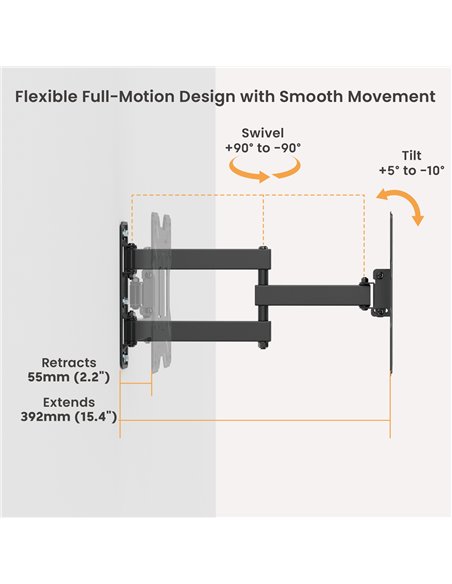 POWERTECH επιτοίχια βάση τηλεόρασης PT-1556, 23-43", έως 30kg, full motion