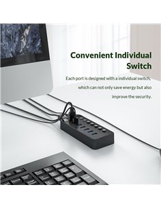 ORICO USB hub CT2U3-7AB με διακόπτες, 7x θυρών, USB 3.0, 5Gbps, USB σύνδεση, μαύρο