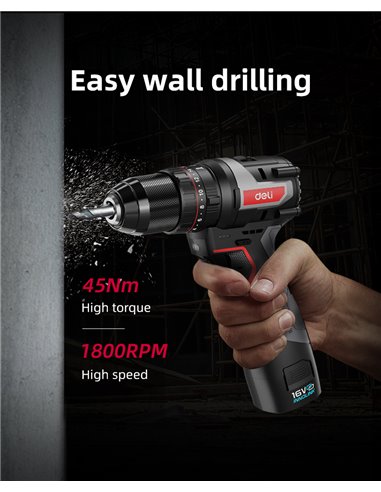 DELI κρουστικό δραπανοκατσάβιδο μπαταρίας DE-CZ16-1A2, Brushless, 16V, 2Ah, 45N.m