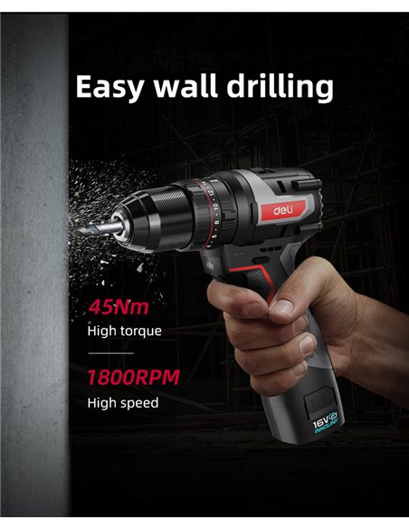 DELI κρουστικό δραπανοκατσάβιδο μπαταρίας DE-CZ16-1A2, Brushless, 16V, 2Ah, 45N.m