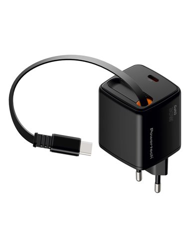 POWERTECH φορτιστής τοίχου PT-1571 με πτυσσόμενο καλώδιο, USB-C, 30W, GaN, μαύρος
