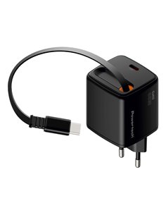 POWERTECH φορτιστής τοίχου PT-1573 με πτυσσόμενο καλώδιο, USB-C, 65W, GaN, μαύρος