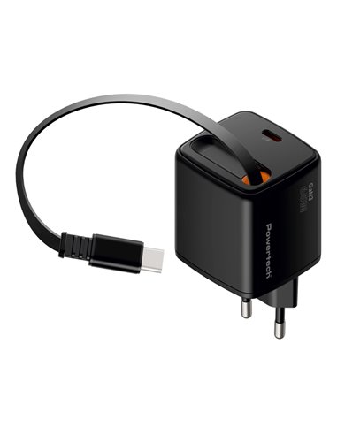 POWERTECH φορτιστής τοίχου PT-1573 με πτυσσόμενο καλώδιο, USB-C, 65W, GaN, μαύρος