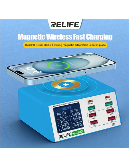 RELIFE σταθμός φόρτισης RL-309AW, 6x USB/2x USB-C/wireless, 100W, λευκός