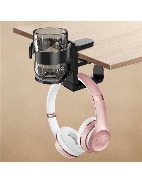 POWERTECH βάση ακουστικών & ποτηροθήκη γραφείου PT-1579, περιστρεφόμενη, μαύρη