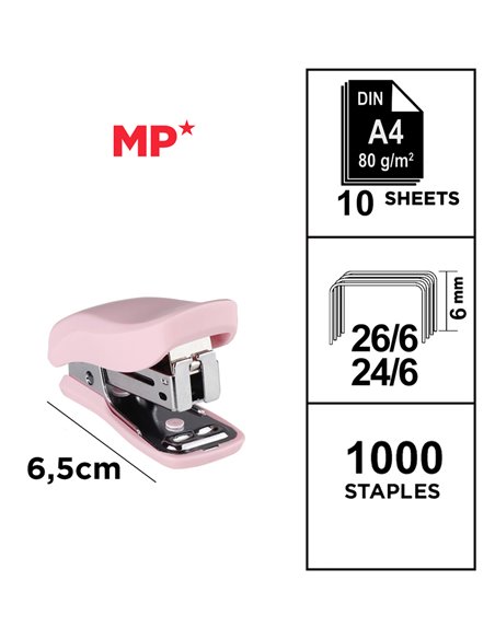 MP mini συρραπτικό PA636P με ανταλλακτικά, 24/6 - 26/6, 10 φύλλα, ροζ