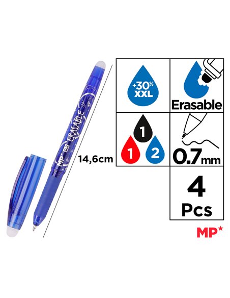 MP σετ στυλό διαρκείας PE217-4, erasable, 0.7mm, διάφορα χρώματα, 4τμχ
