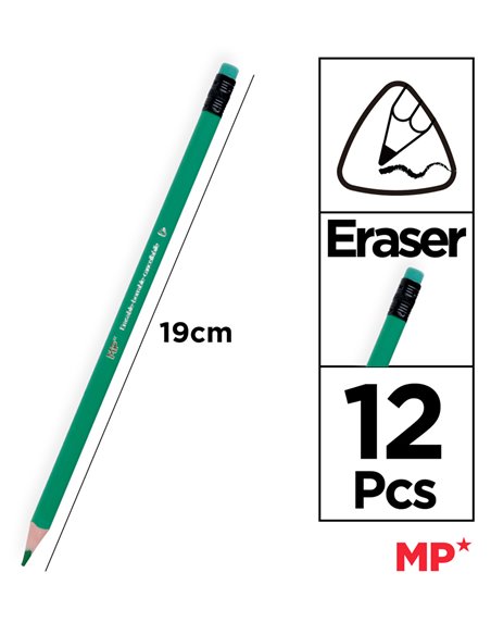 MP χρωματιστές ξυλομπογιές PP823 με γόμα, τρίγωνες, 12τμχ