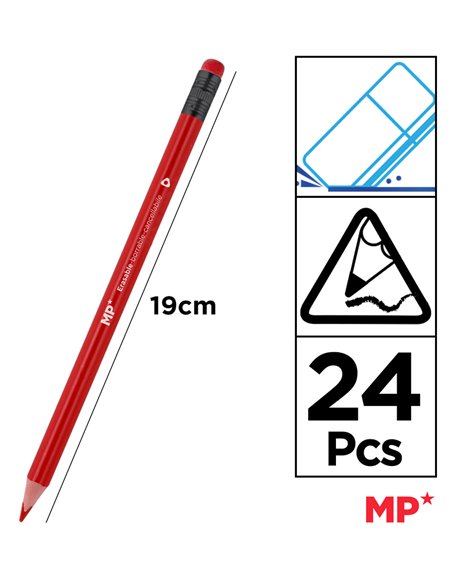 MP χρωματιστές ξυλομπογιές PP825 με γόμα, τρίγωνες, 24τμχ