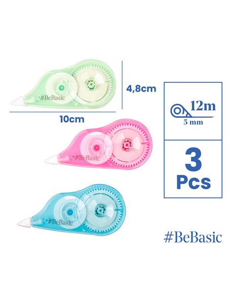 BEBASIC σετ διορθωτική ταινία S063, 5mm x 12m, μπλε/πράσινη/ροζ, 3τμχ