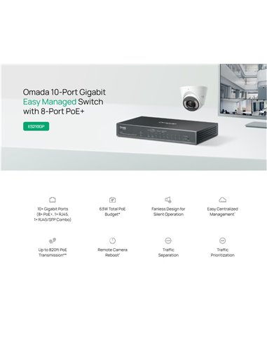 TP-LINK easy managed switch ES210GP, 10x Gigabit θύρες, PoE+, V1.0