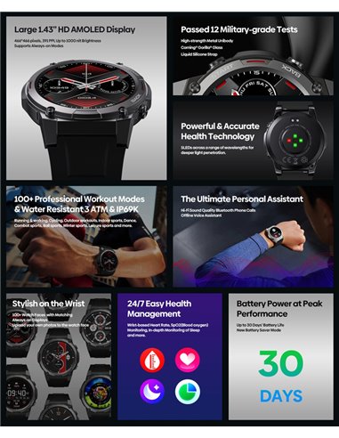 ZEBLAZE smartwatch Vibe 7 Pro, heart rate, 1.43" AMOLED, 3 ATM, ασημί