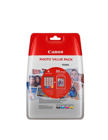 Ink Canon Value Pack CLI-571VP Black, Cyan, Magenta, Yellow  and 50 Sheets 10x15 cm Photo Paper