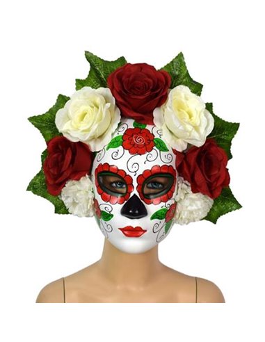 Μάσκα για την ημέρα των νεκρών με κόκκινα-λευκά λουλούδια