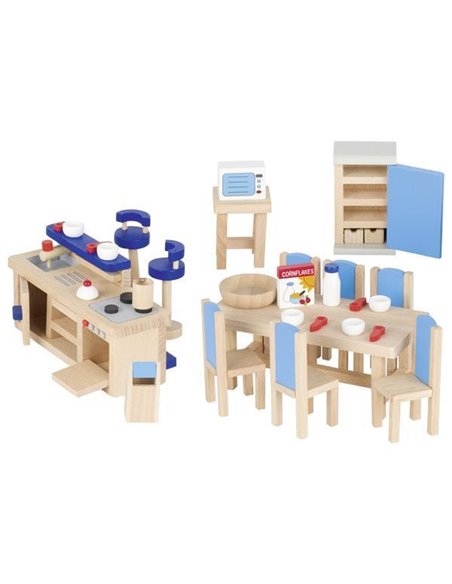 Goki σετ κουζίνας ξύλινο μπλε 30 τεμαχίων για κουκλόσπιτο.