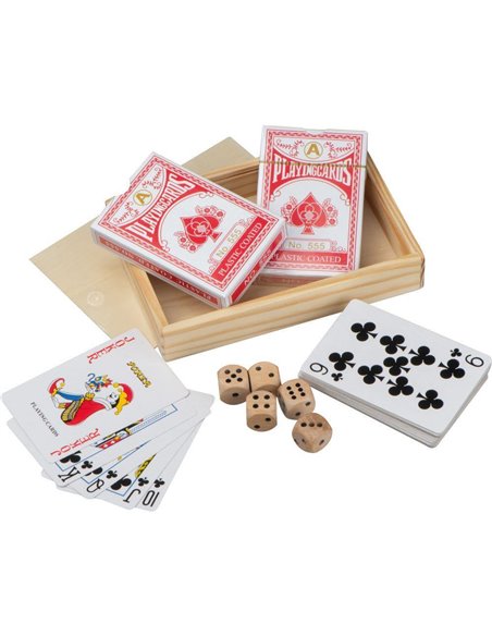 Σετ με 2 τράπουλες και 5 ζάρια σε ξύλινο κουτί 15x10,3x2,6εκ