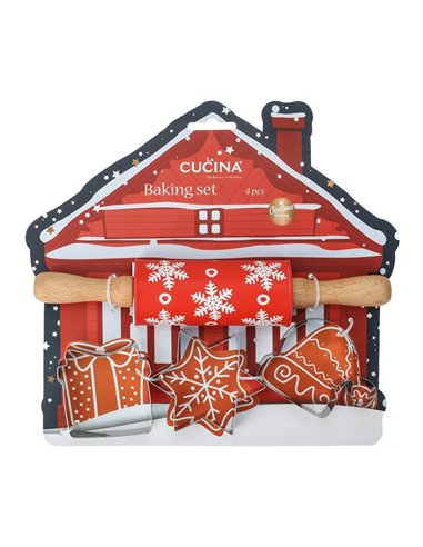 Χριστουγεννιάτικο σετ μαγειρικής με πλάστη και 3 κουπ πατ για μπισκότα 24x23x4,5εκ χιονισμένο σπίτι