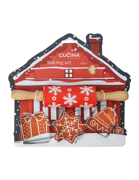 Χριστουγεννιάτικο σετ μαγειρικής με πλάστη και 3 κουπ πατ για μπισκότα 24x23x4,5εκ χιονισμένο σπίτι