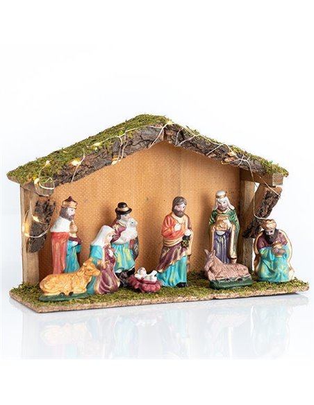 Φάτνη φωτιζόμενη ξύλινη με 9 πορσελάνινες φιγούρες, 20 led, μπαταρίας, 35x12x23εκ.