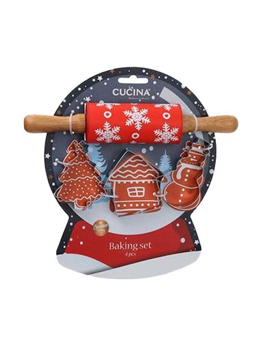 Χριστουγεννιάτικο σετ μαγειρικής με πλάστη και 3  κουπ πατ για μπισκότα 24x23x4,5εκ χιονόμπαλα