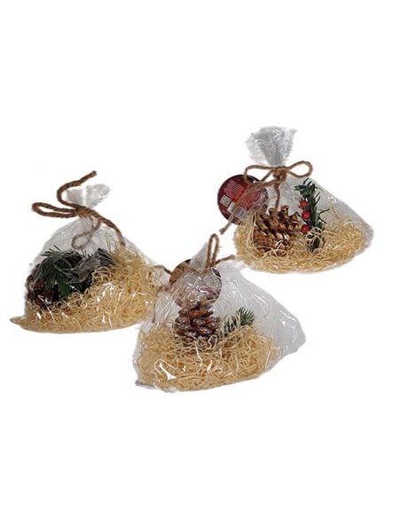 Χριστουγεννιάτικα διακοσμητικά στοιχεία  σε διάφανο πουγκί με χόρτο 17εκ. κοκτέηλ