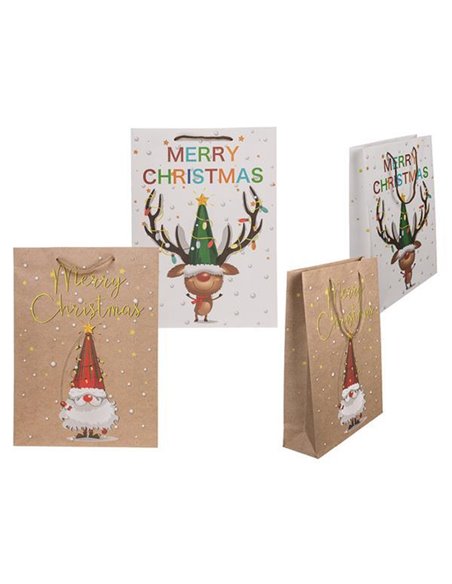 Χάρτινες τσάντες χριστουγεννιάτικες Φατσούλες-λαμπάκια Υ34,5x25x8,5εκ.