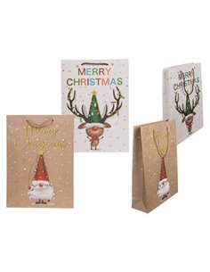 Χάρτινες τσάντες χριστουγεννιάτικες Φατσούλες-λαμπάκια Υ23x18x8εκ.