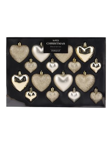 Σετ χριστουγεννιάτικα στολίδια-καρδιές 16 τεμαχίων,  3 σχεδίων χρυσές