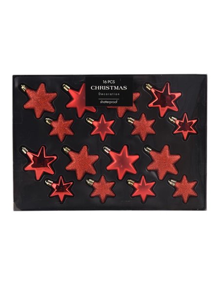 Σετ χριστουγεννιάτικα στολίδια-αστέρια 16 τεμαχίων,  3 σχεδίων κόκκινα