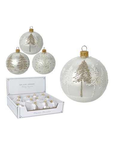 Σετ χριστουγεννιάτικες μπάλες 6 τεμαχίων, ∅10εκ. 3 ειδών λευκές  από φυσητό γυαλί