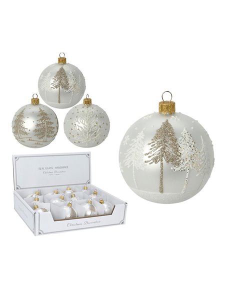 Σετ χριστουγεννιάτικες μπάλες 6 τεμαχίων, ∅10εκ. 3 ειδών λευκές  από φυσητό γυαλί