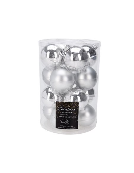 Σετ 16 χριστουγεννιάτικες γυάλινες μπάλες ασημί Ø8εκ.