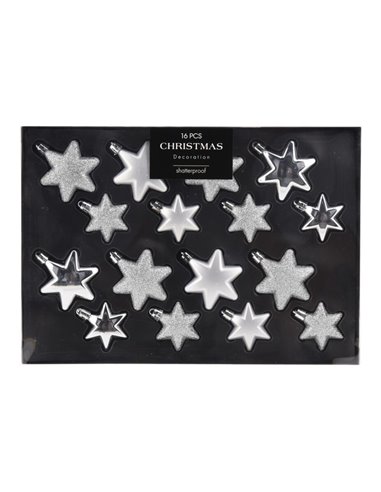 Σετ χριστουγεννιάτικα στολίδια-αστέρια 16 τεμαχίων,  3 σχεδίων ασημί