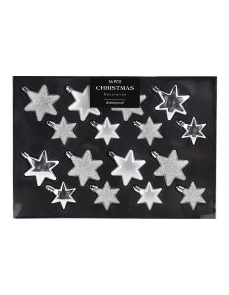 Σετ χριστουγεννιάτικα στολίδια-αστέρια 16 τεμαχίων,  3 σχεδίων ασημί