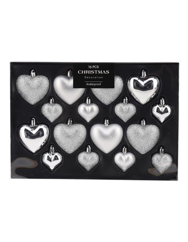 Σετ χριστουγεννιάτικα στολίδια-καρδιές 16 τεμαχίων,  3 σχεδίων ασημί